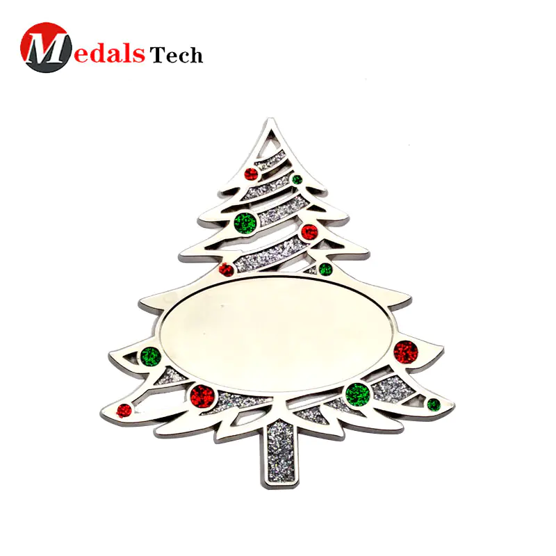 Custom metal novelty Christmas tree tag with glitter