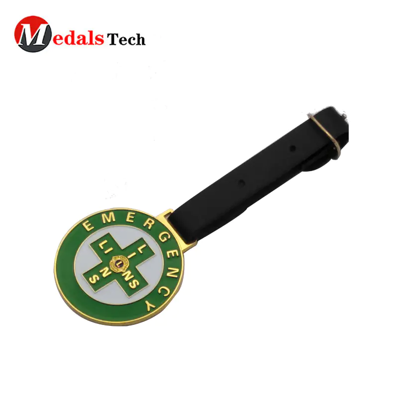 Round shape metal custom golf bag tag with leather strap