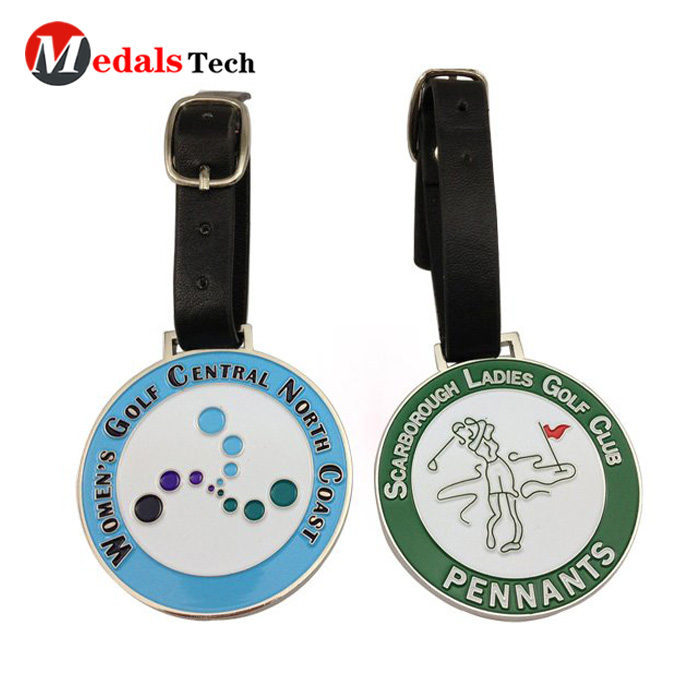 Promotional custom shinny gold golf member bag tag with leather belt