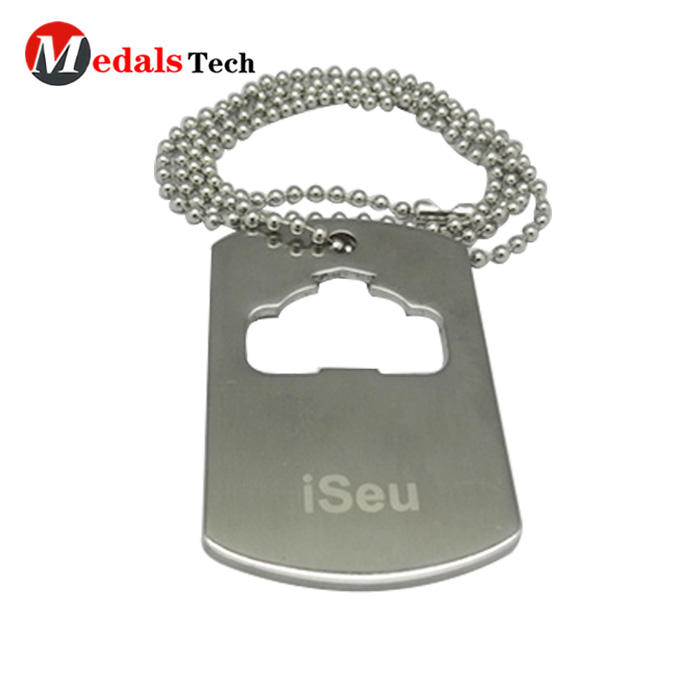 Hot selling silver plated hollow out bottle opener dog tag with ball chain