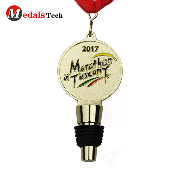 Custom promotional gold plated metal medals with wine stopper
